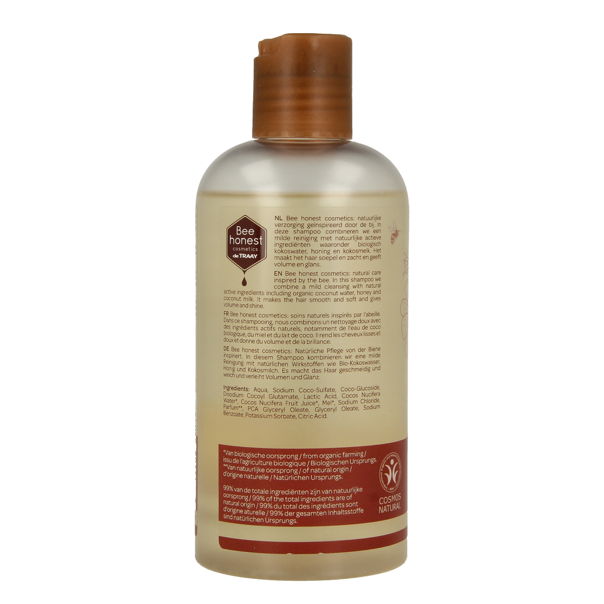 Traay Bee Honest kokos en honing shampoo voor haarverzorging, 250 ml, met kokos en honing ingrediënten, in een witte fles