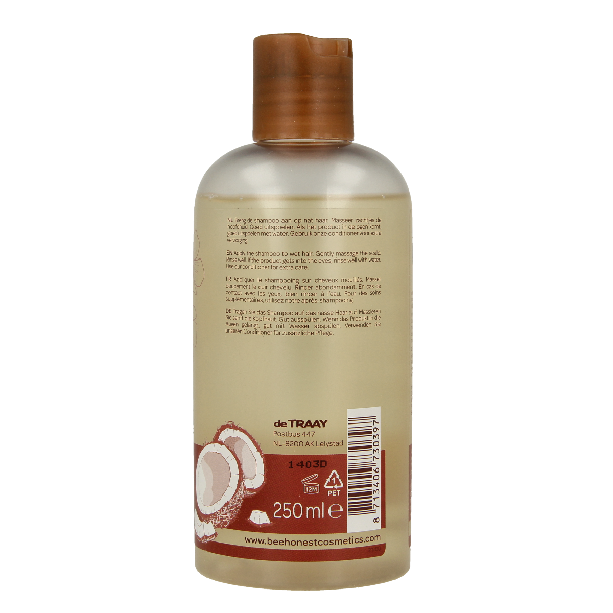 Traay Bee Honest kokos and honing shampoo for hair care, 250ml bottle with natural ingredients and eco-friendly packaging.