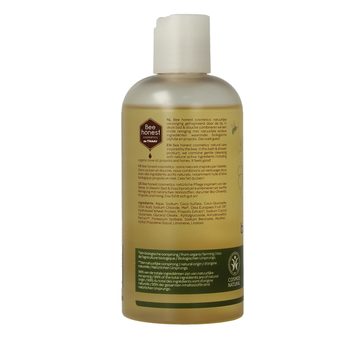Traay Bee Honest olive-based douche with propolis in a 250ml bottle, featuring a natural, eco-friendly design and label details.