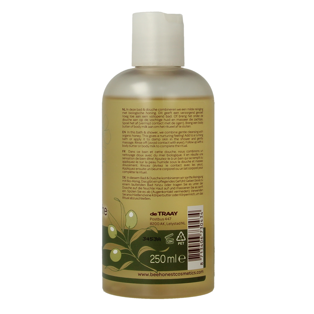 Traay Bee Honest olive-based bad en douche with propolis in a 250ml bottle, natural hygiene product for intimate care.