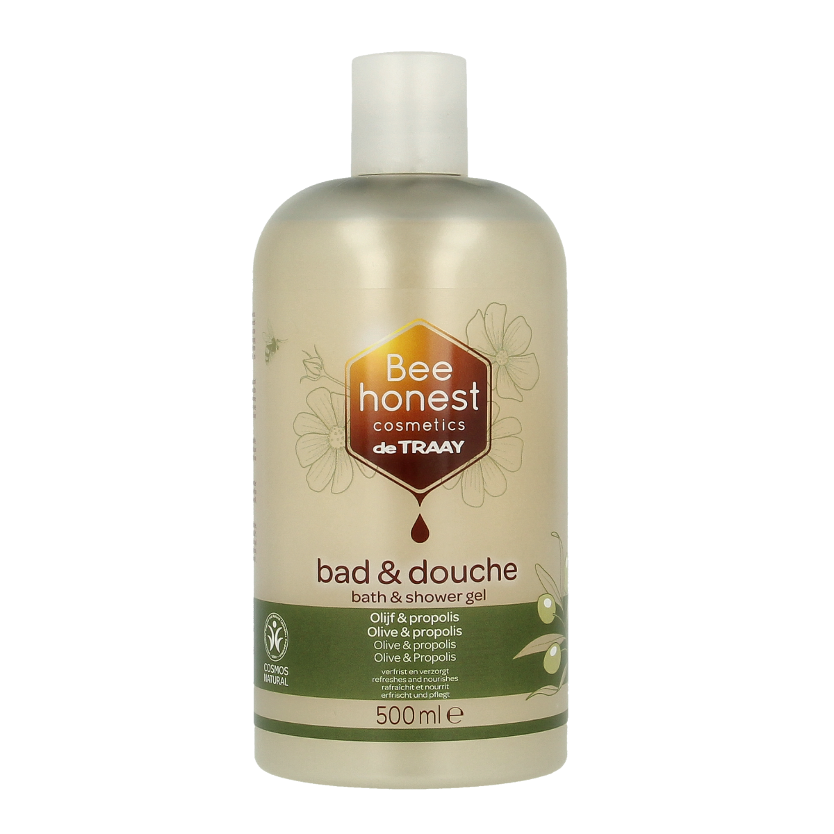 Traay Bee Honest olive and propolis douche bottle, 500ml, natural personal hygiene product with bee-derived ingredients.