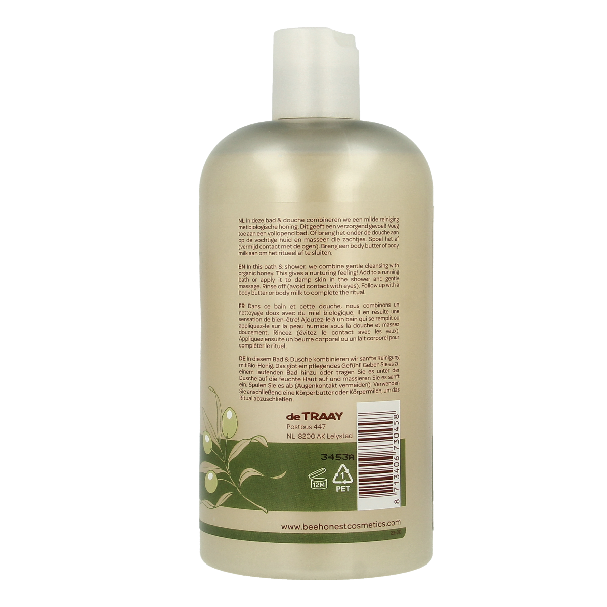 Traay Bee Honest olive propolis bad en douche bottle, 500ml, natural antiseptic personal care product with olive and propolis.
