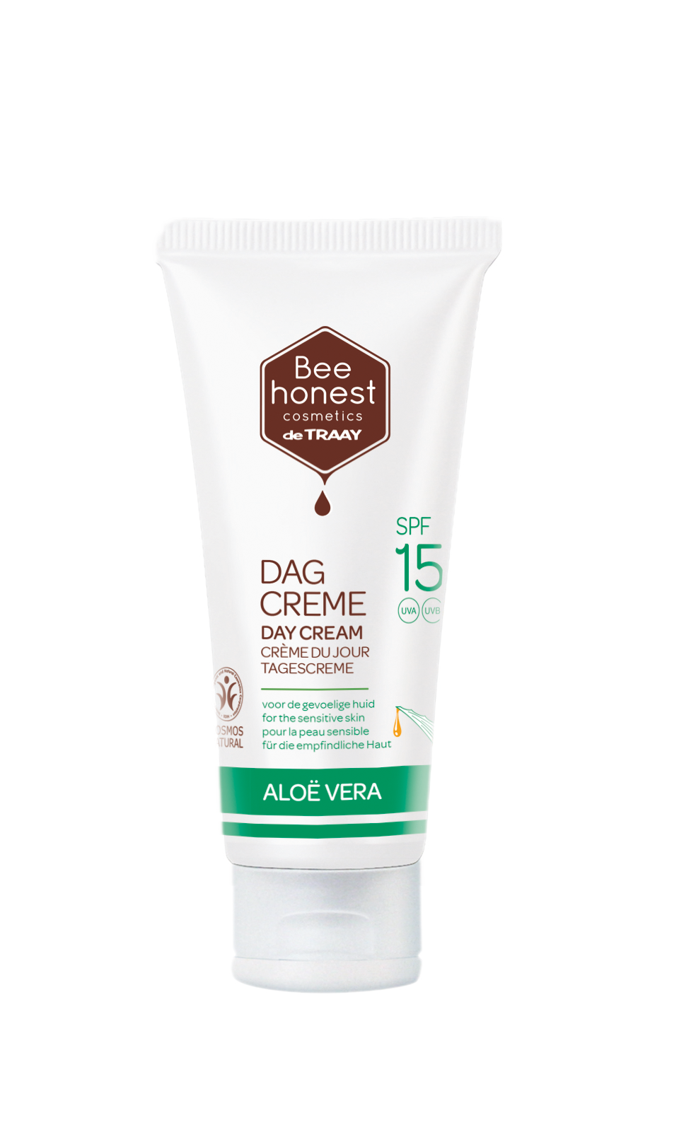 Traay Bee Honest Aloe Vera SPF15 facial day cream in 50ml jar, moisturizing skincare for healthy, protected skin.