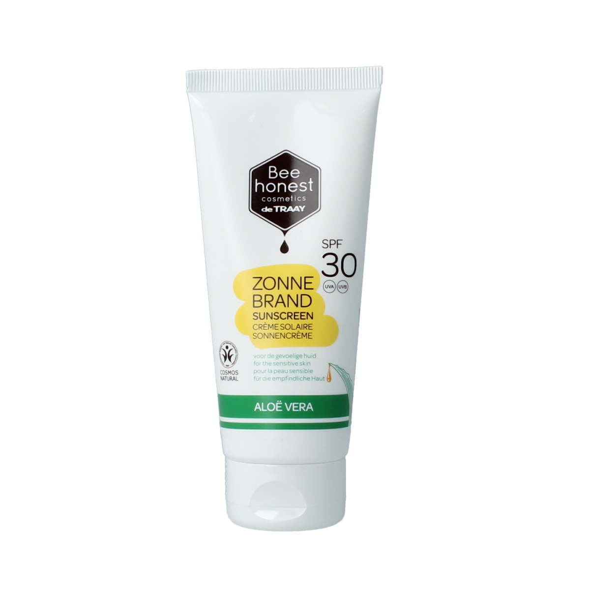 Traay Bee Honest SPF30 aloe and honey sunscreen lotion in 100ml bottle, suitable for sun protection with natural ingredients