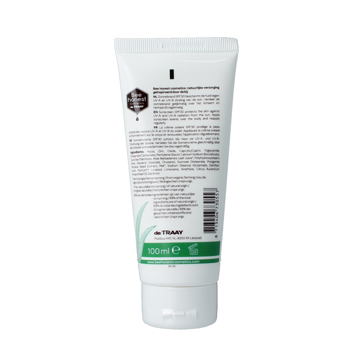 Traay Bee Honest SPF30 aloe and honey sun lotion in a 100ml bottle, designed for protecting skin during sun exposure.