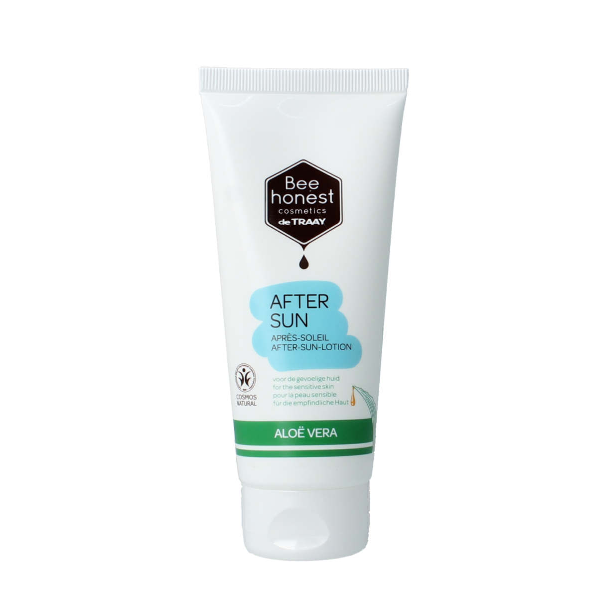 Traay Bee Honest aftersun with aloe vera and honey, 100ml, soothing sun care product in a clear bottle