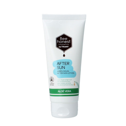 Traay Bee Honest aftersun with aloe vera and honey, 100ml, soothing sun care product in a clear bottle