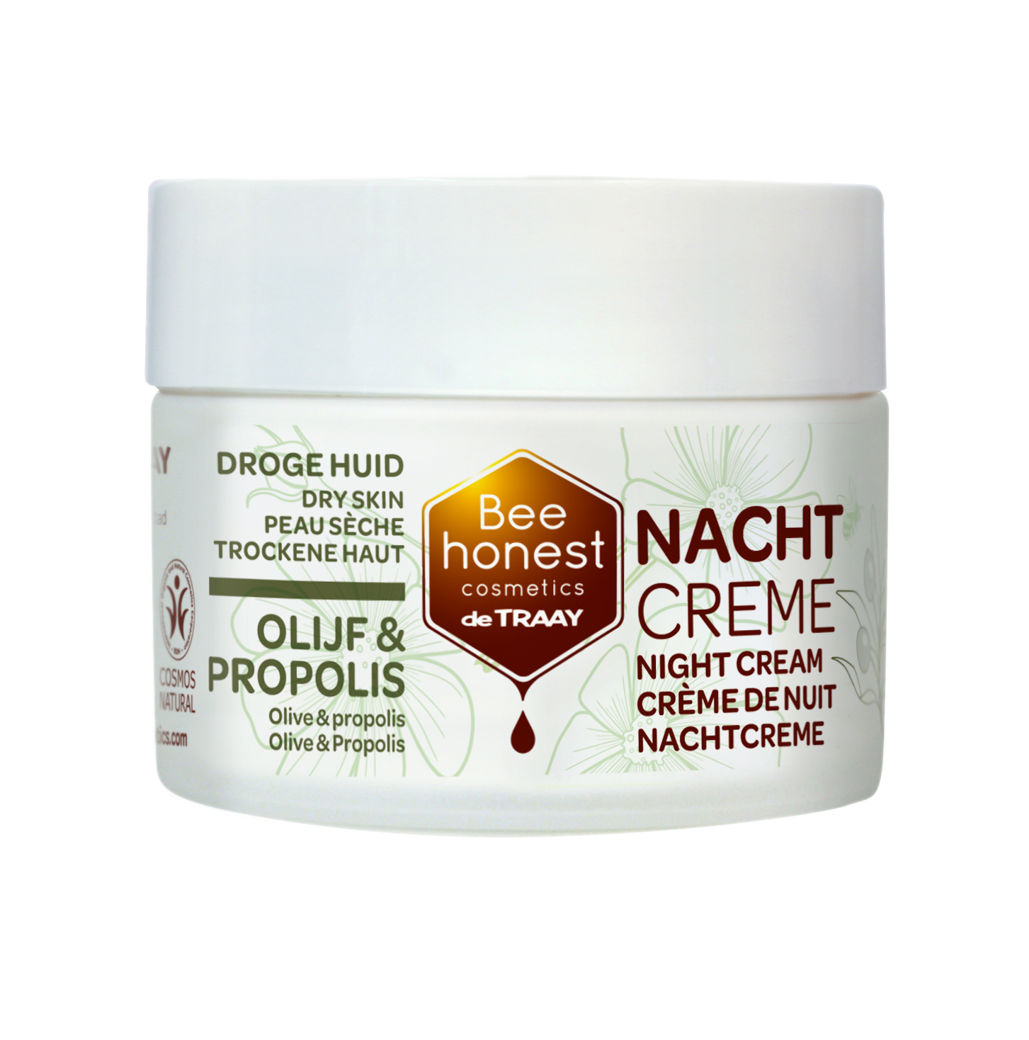 Traay Bee Honest Nachtcreme with olijf propolis in a 50ml jar, natural facial skincare for overnight hydration and nourishment.
