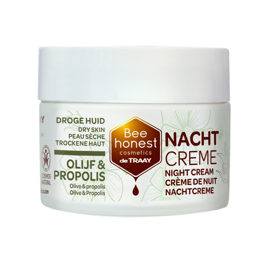 Traay Bee Honest Nachtcreme with olijf propolis in a 50ml jar, natural facial skincare for overnight hydration and nourishment.