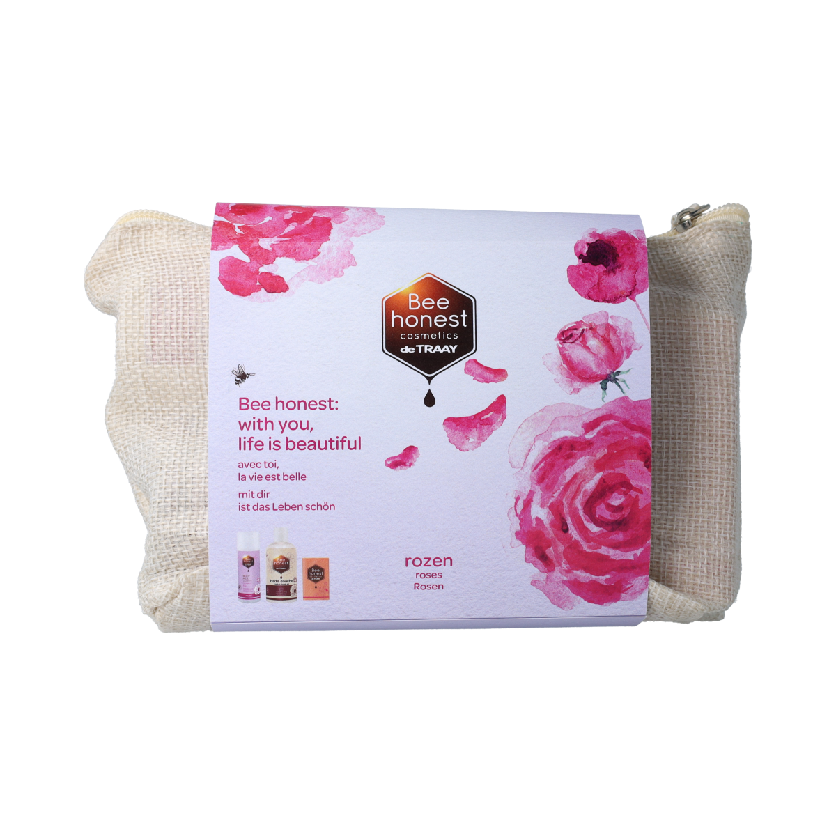 Traay Bee Honest gift set with rose-themed body care products in elegant packaging, perfect for gifting or personal use.