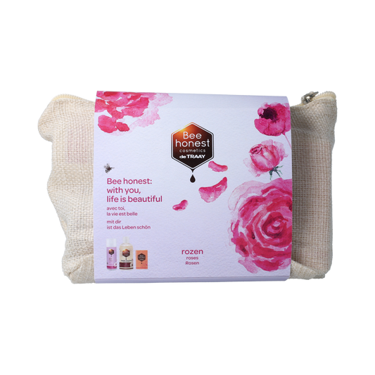 Traay Bee Honest gift set with rose-themed body care products in elegant packaging, perfect for gifting or personal use.