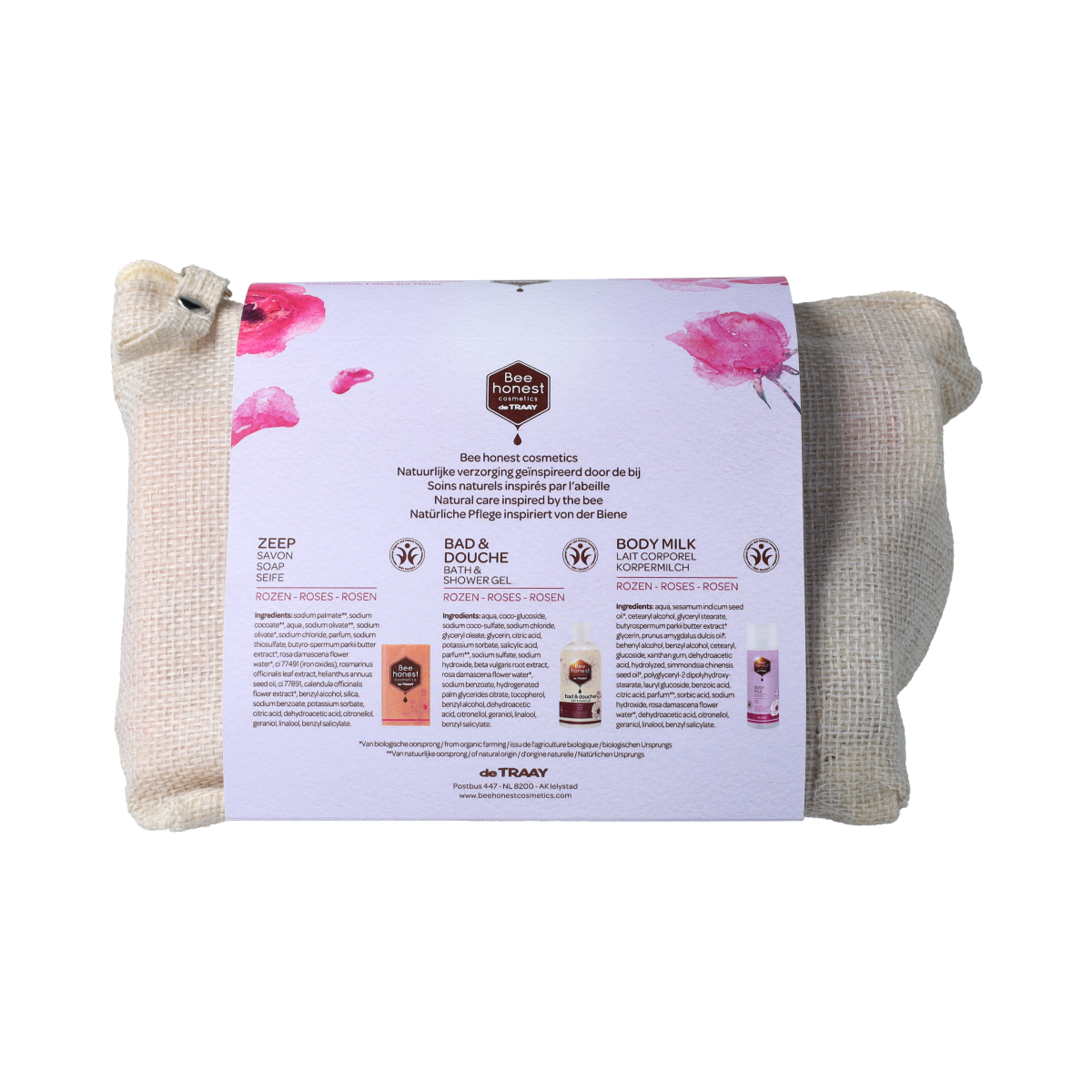 Traay Bee Honest gift packaging with roses, set of body care products in elegant floral wrapping, natural and luxurious presentation.