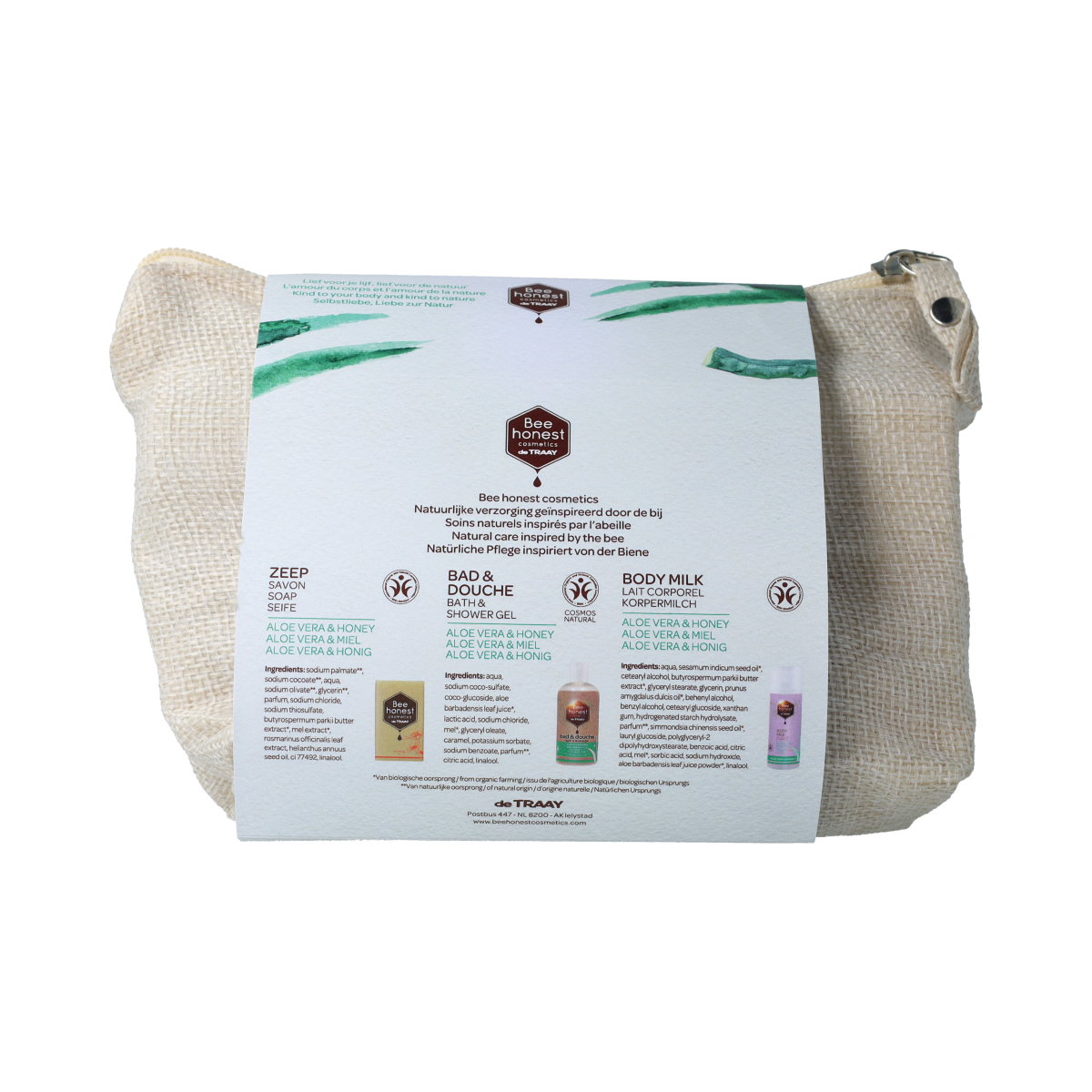 Traay Bee Honest aloe vera gift packaging set for body care, includes natural aloe vera products in elegant packaging.