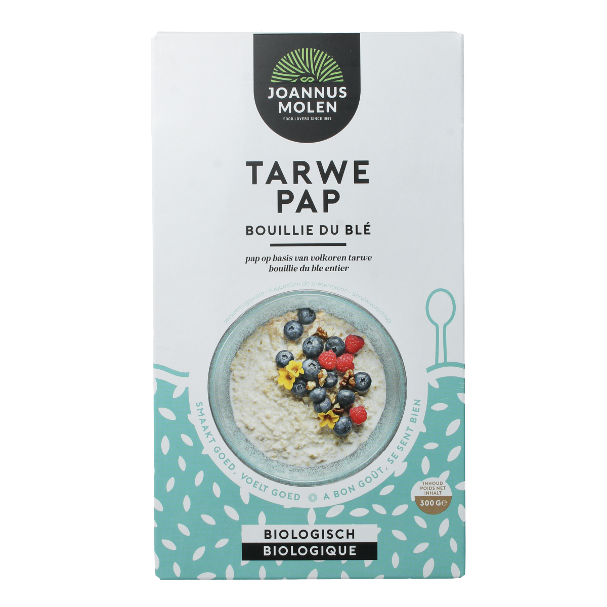 Joannusmolen Tarwe Pap bio ontbijtgranen in 300g package, close-up of cereal flakes in a bowl with a spoon.