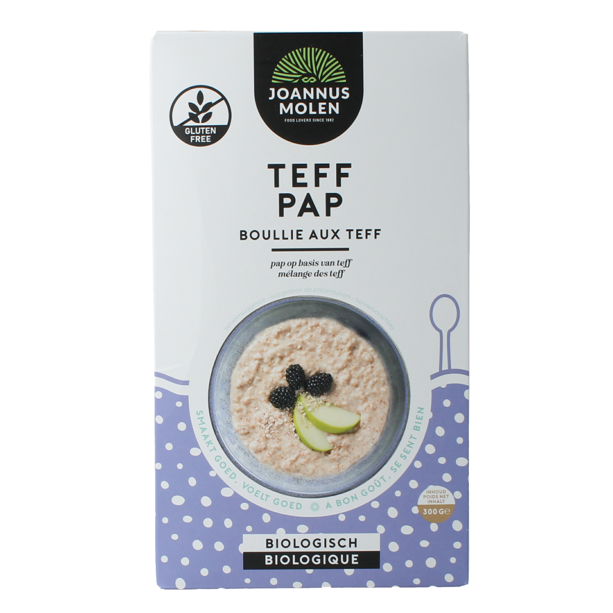 Joannusmolen Teff pap bio breakfast cereal in a 300g package, showing the product label and packaging details.