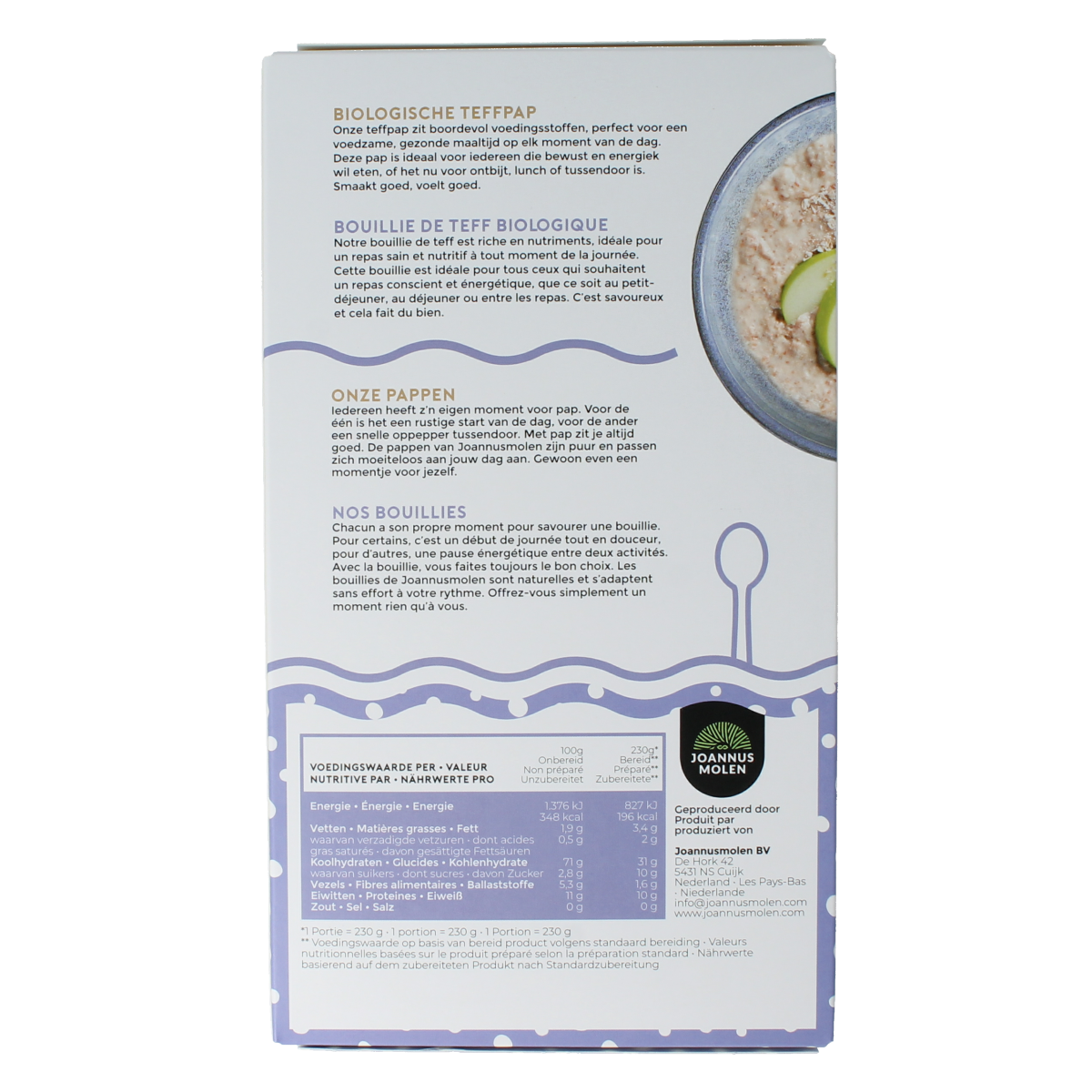 Joannusmolen Teff Pap Bio ontbijtgranen in 300g package, close-up of the natural, organic teff grain cereal.