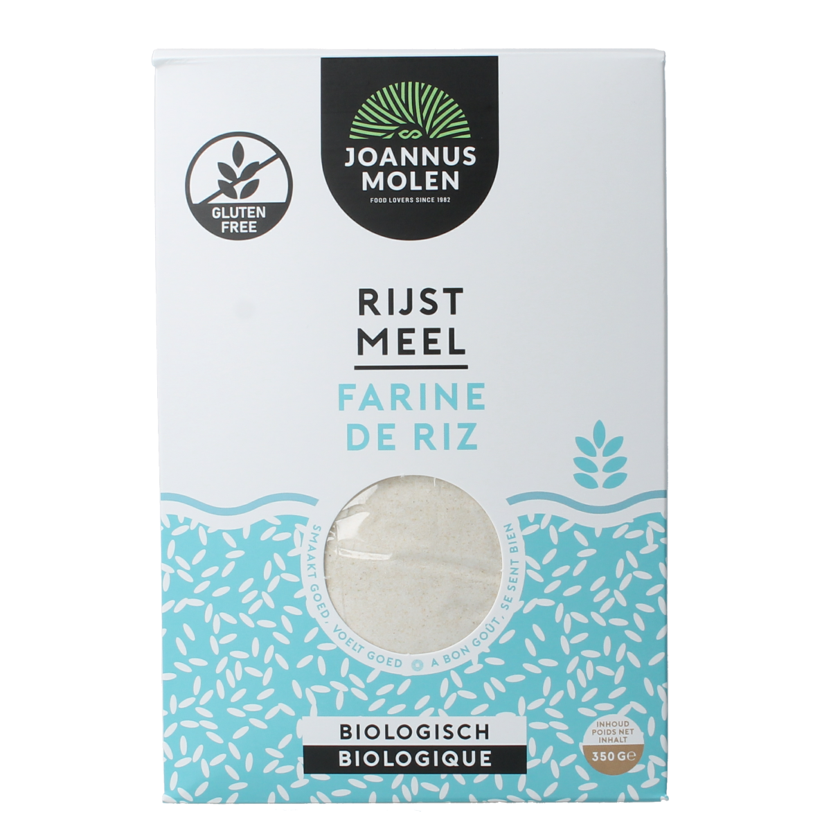 Joannusmolen biologische rijstemeel eerste keuze in 350g verpakking, bakmixen en melen product for gluten-free baking