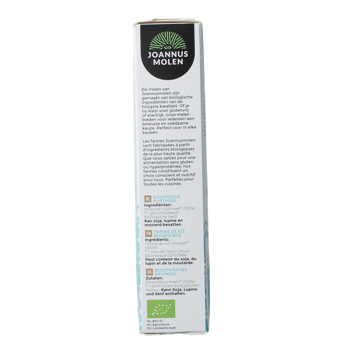 Joannusmolen bio rice flour first choice 350g, in a resealable bag, ideal for baking and gluten-free recipes.
