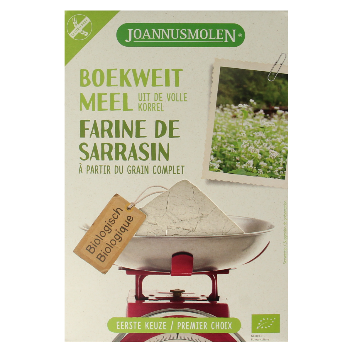 Joannusmolen Boekweitmeel eerste keuze bio 350g, gluten-free buckwheat flour in a bag, for baking and cooking.