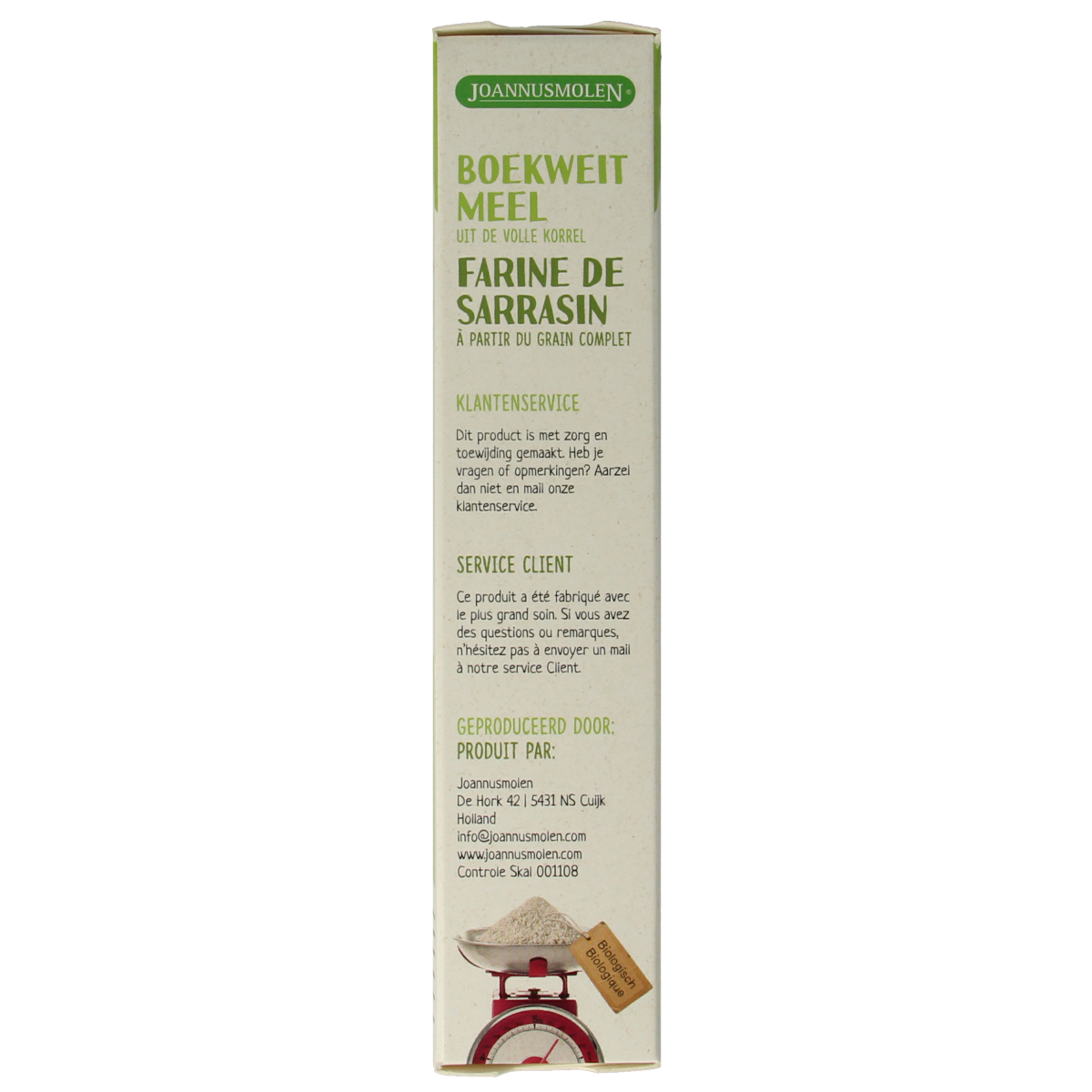 Joannusmolen Boekweitmeel eerste keuze bio, 350g, gluten-free buckwheat flour for baking and cooking.