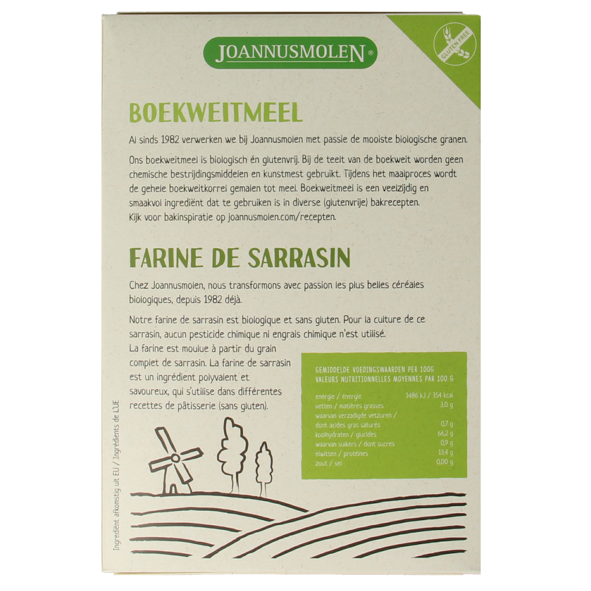Joannusmolen Boekweitmeel eerste keuze bio, 350g, gluten-free buckwheat flour for baking and cooking.