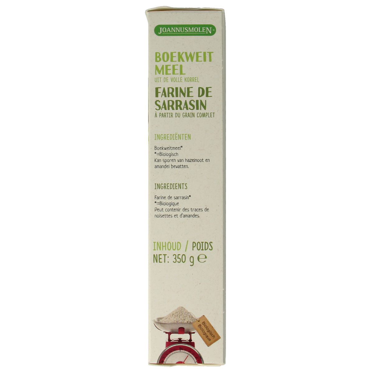 Joannusmolen Boekweitmeel eerste keuze bio, 350g, organic buckwheat flour for baking, in a natural packaging.