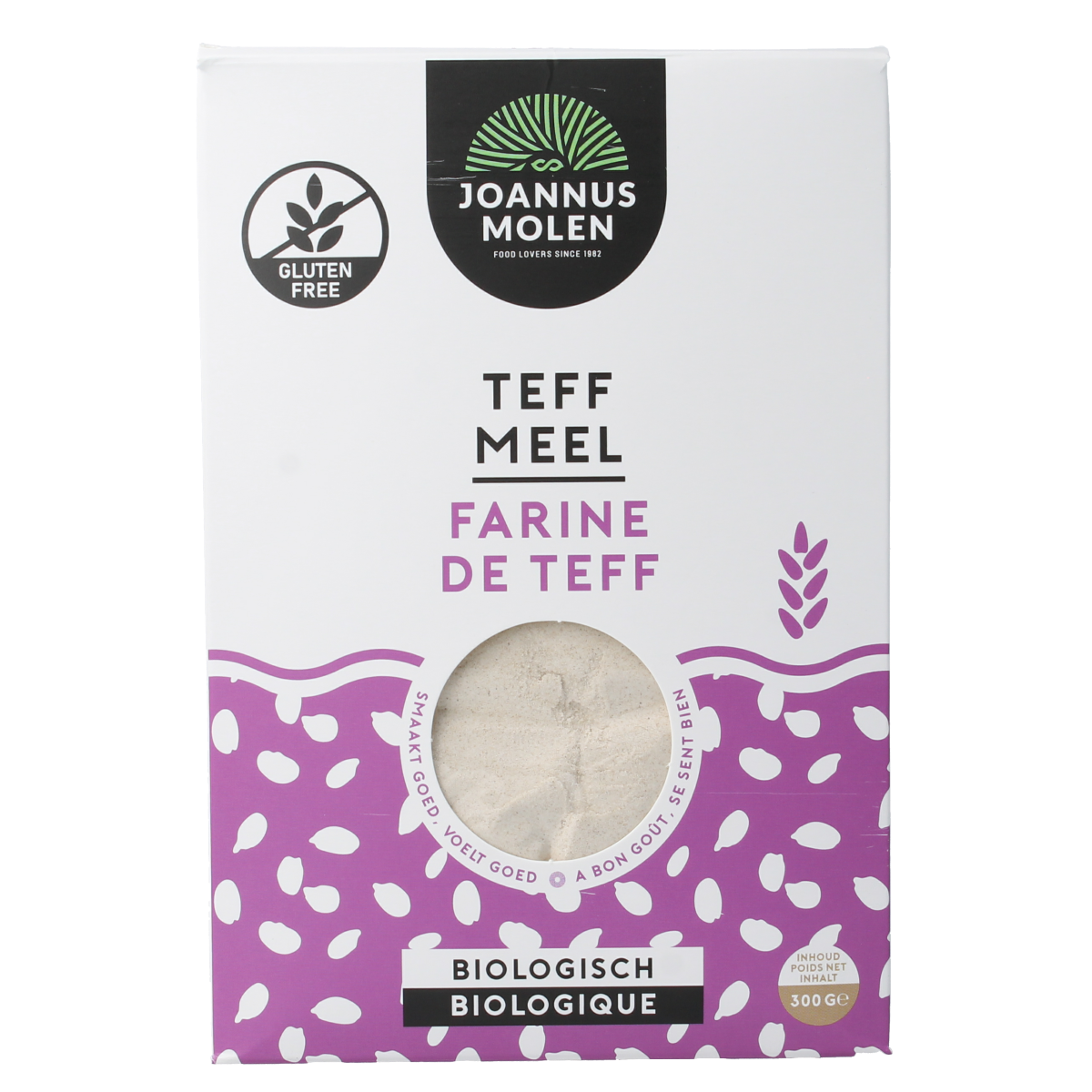 Joannusmolen bio teffmeel eerste keuze in 300g bakmixen en melen verpakking, natural and fresh grain product.