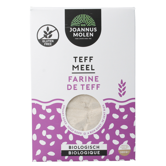 Joannusmolen bio teffmeel eerste keuze in 300g bakmixen en melen verpakking, natural and fresh grain product.