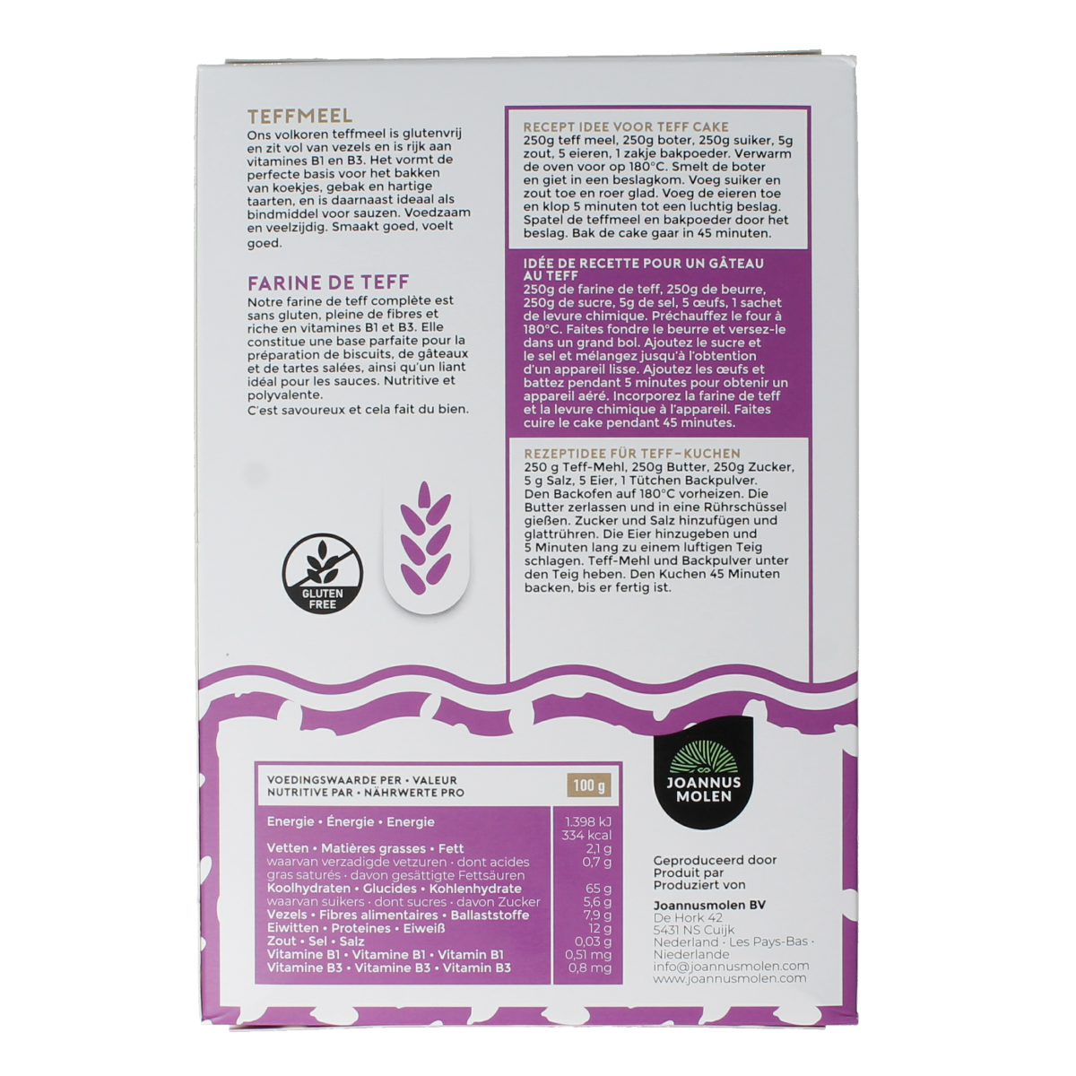 Joannusmolen Teffmeel eerste keuze bio 300g, organic teff flour for baking, in a clear package with a white background.