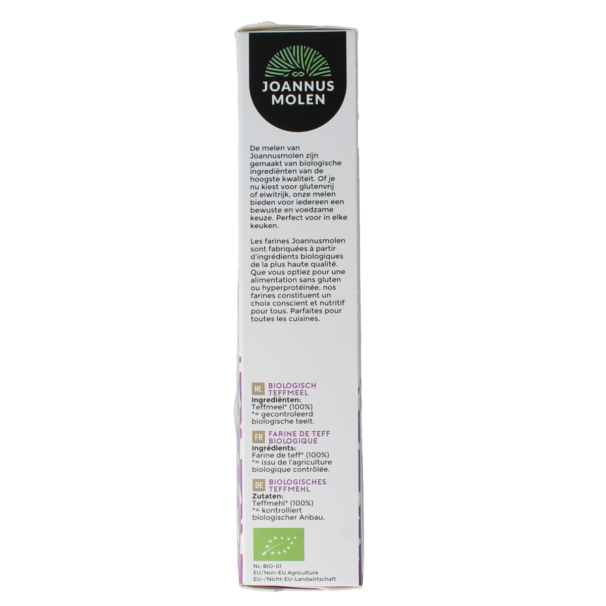 Joannusmolen Teffmeel eerste keuze bio, 300g, organic teff flour in a clear bag, suitable for baking and gluten-free recipes.