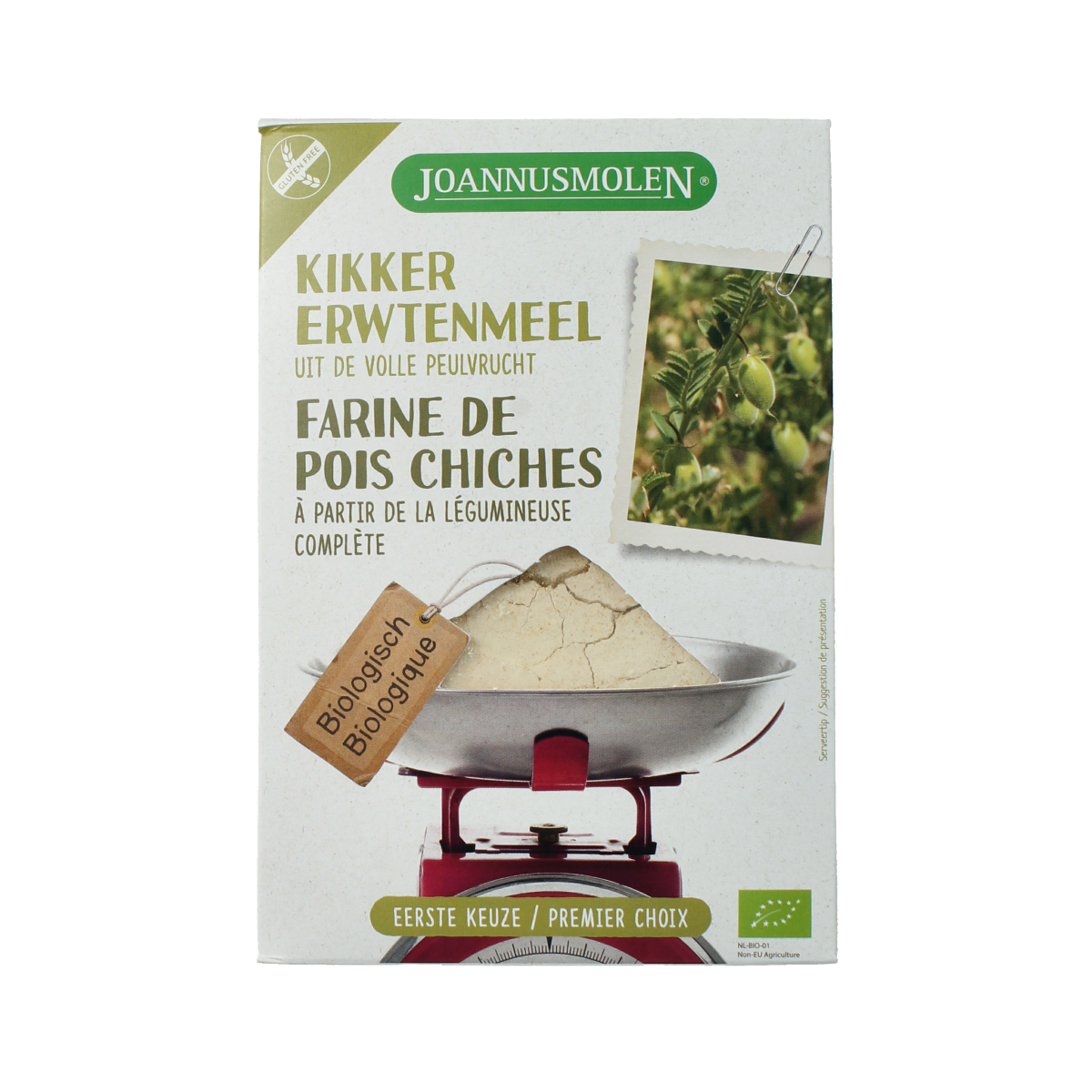 Joannusmolen organic chickpea flour in 275g package, natural gluten-free baking mix, with a close-up of the product packaging.