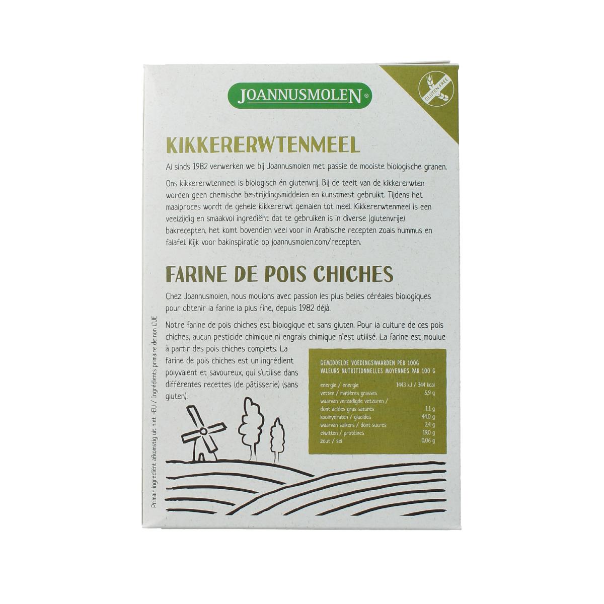 Joannusmolen bio kikkererwtenmeel bakmixen en melen, eerste keuze, 275 gram, close-up of the gluten-free chickpea flour bag