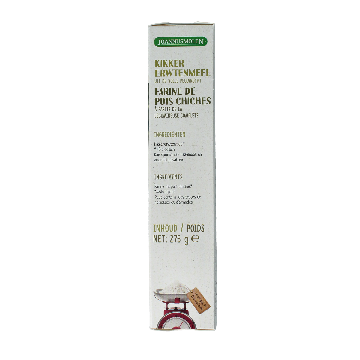 Joannusmolen organic chickpea flour in 275g package, natural gluten-free baking mix, with a clear label and packaging.