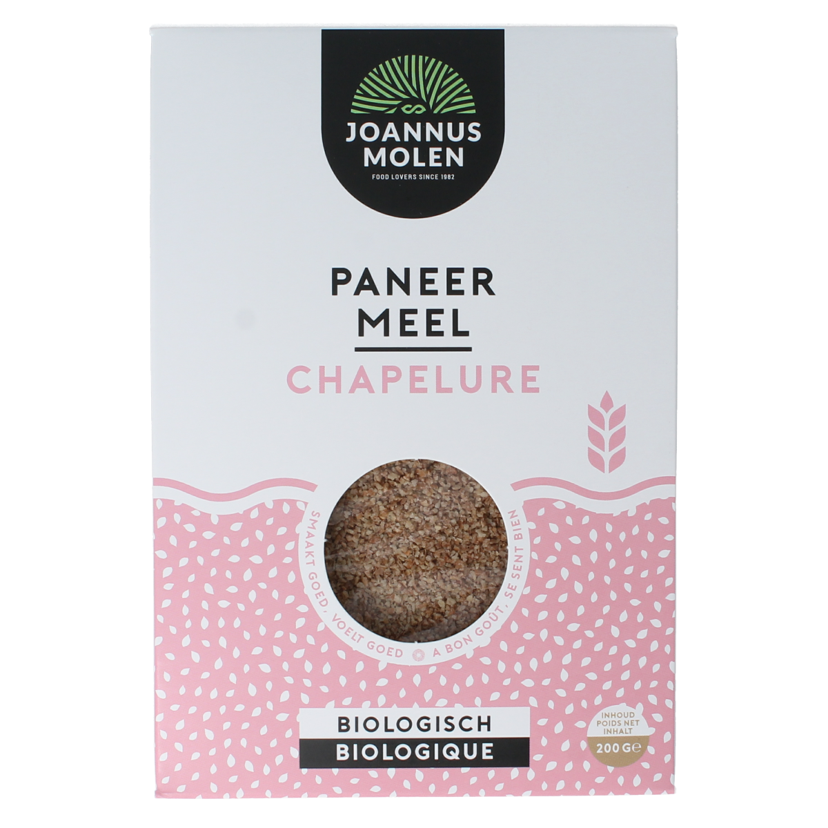 Joannusmolen bio paneermeel eerste keuze in 200g bakmixen en melen package, fine bread crumbs for cooking and baking.