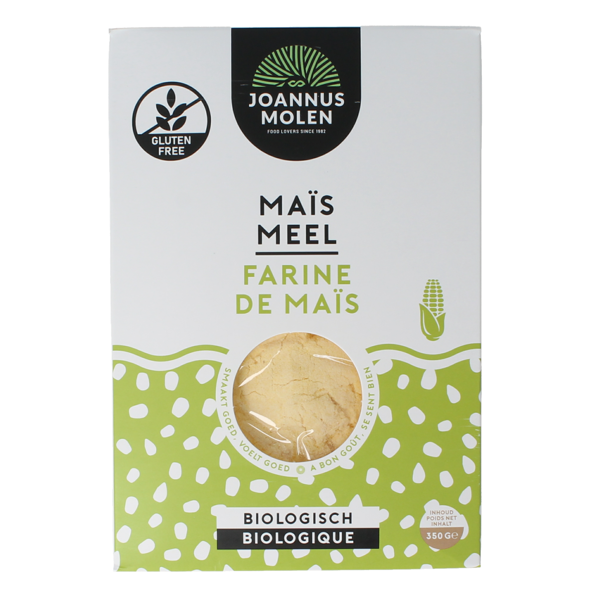 Joannusmolen bio maize flour 350g bag, first choice organic baking mix and flour for cooking and baking.