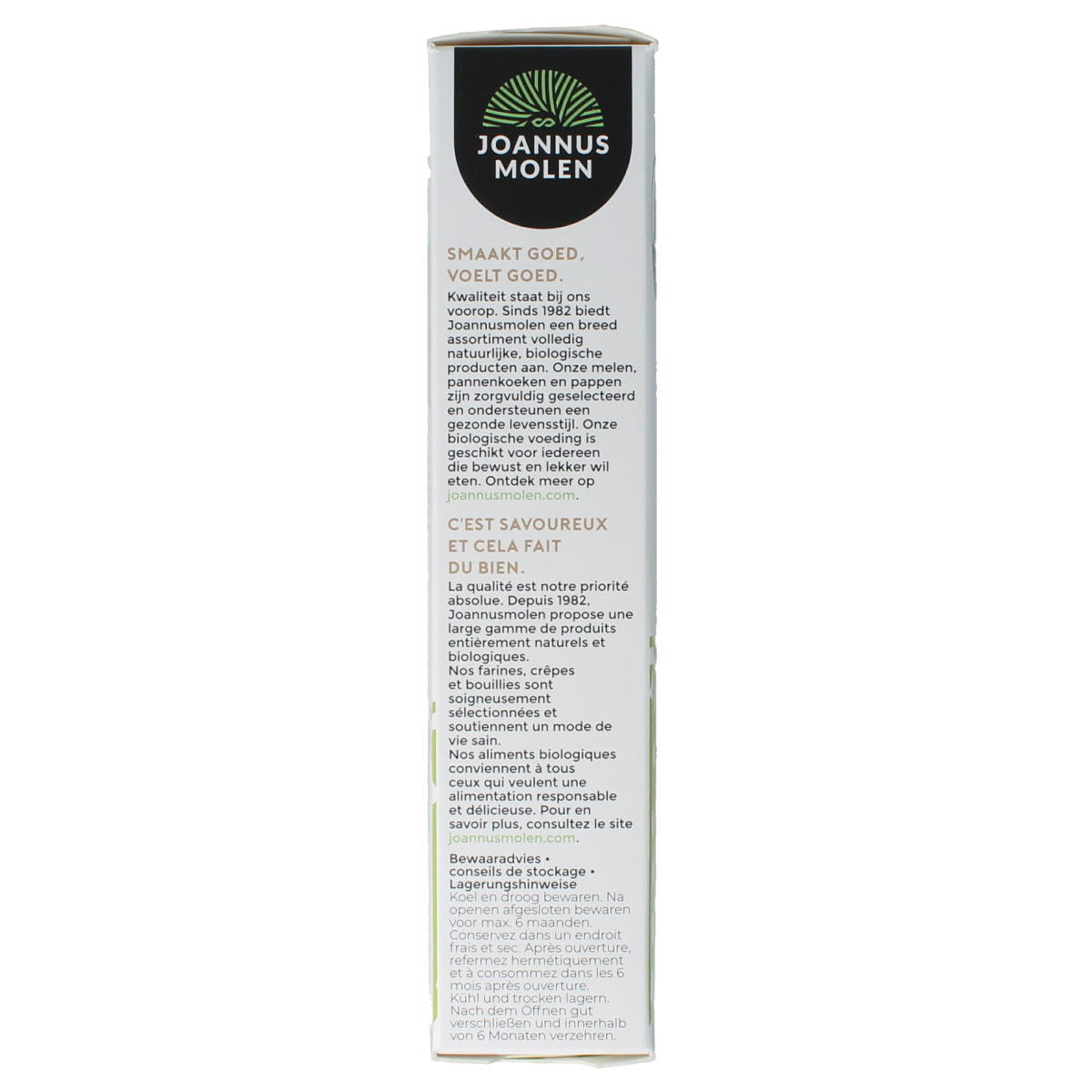 Joannusmolen bio first choice maize flour in 350g package, showing a close-up of the yellow maize meal in a bag