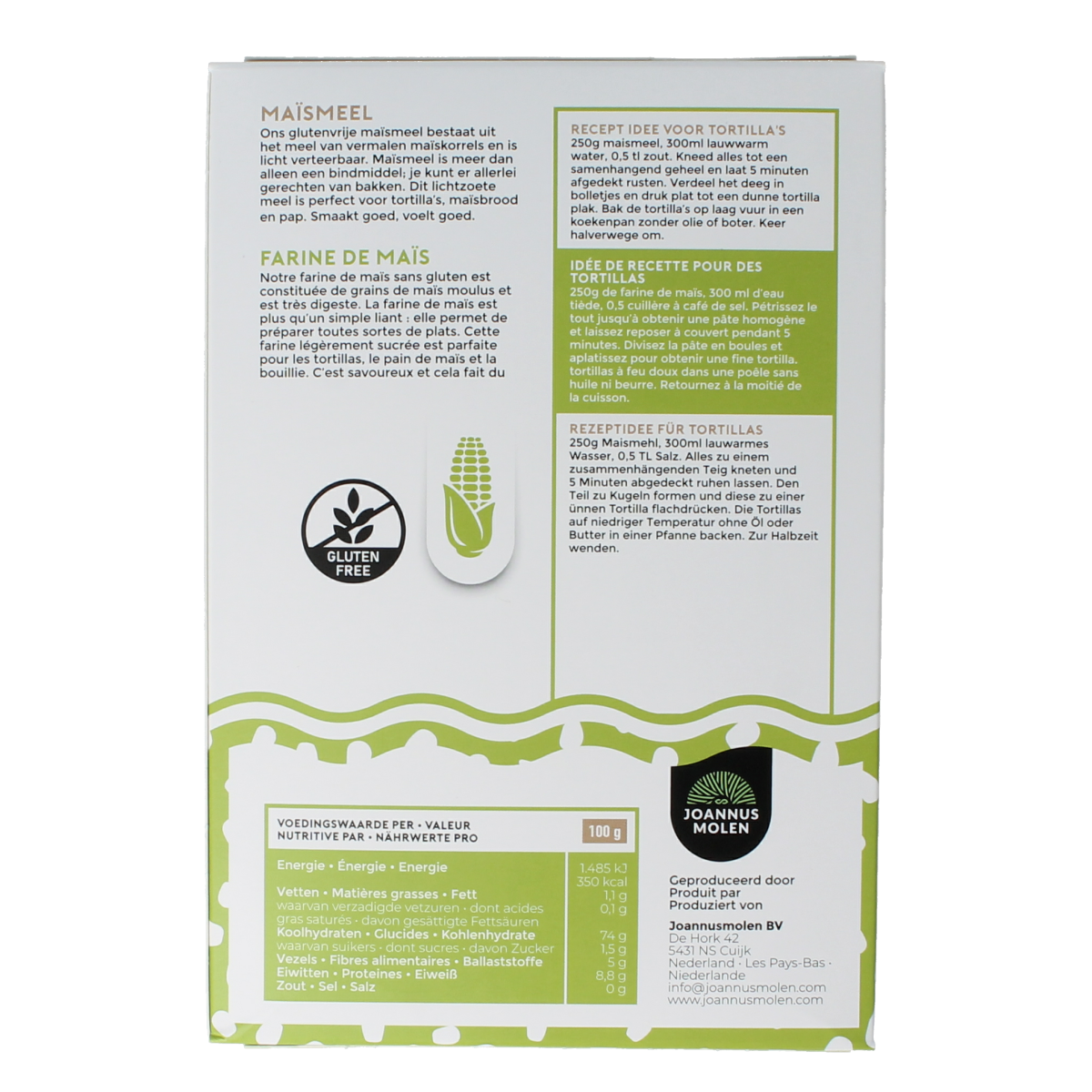Joannusmolen bio first choice maize flour in 350g bag, natural baking mix and grain product.