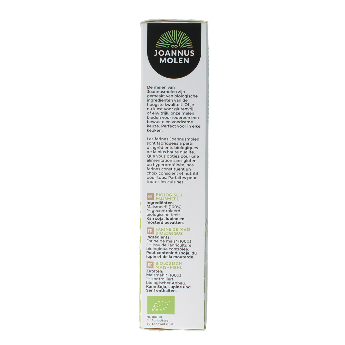 Joannusmolen bio first choice maize meal 350g in a clear packaging, suitable for baking and cooking.