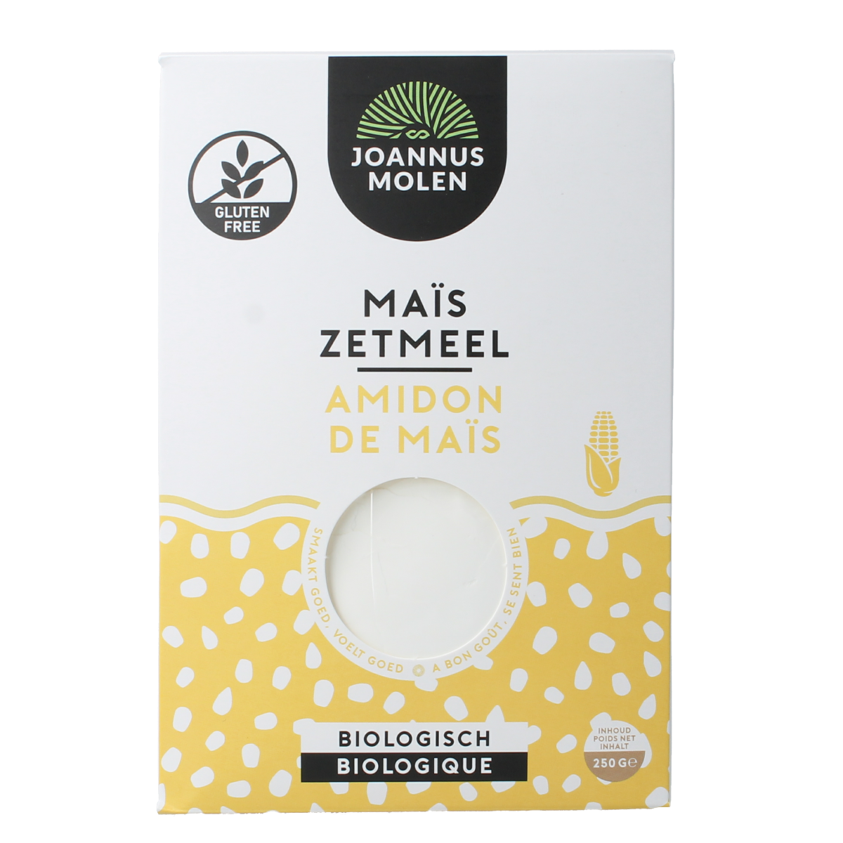Joannusmolen Maiszetmeel eerste keuze bio, 250g, organic cornmeal in a package, ideal for baking and cooking.
