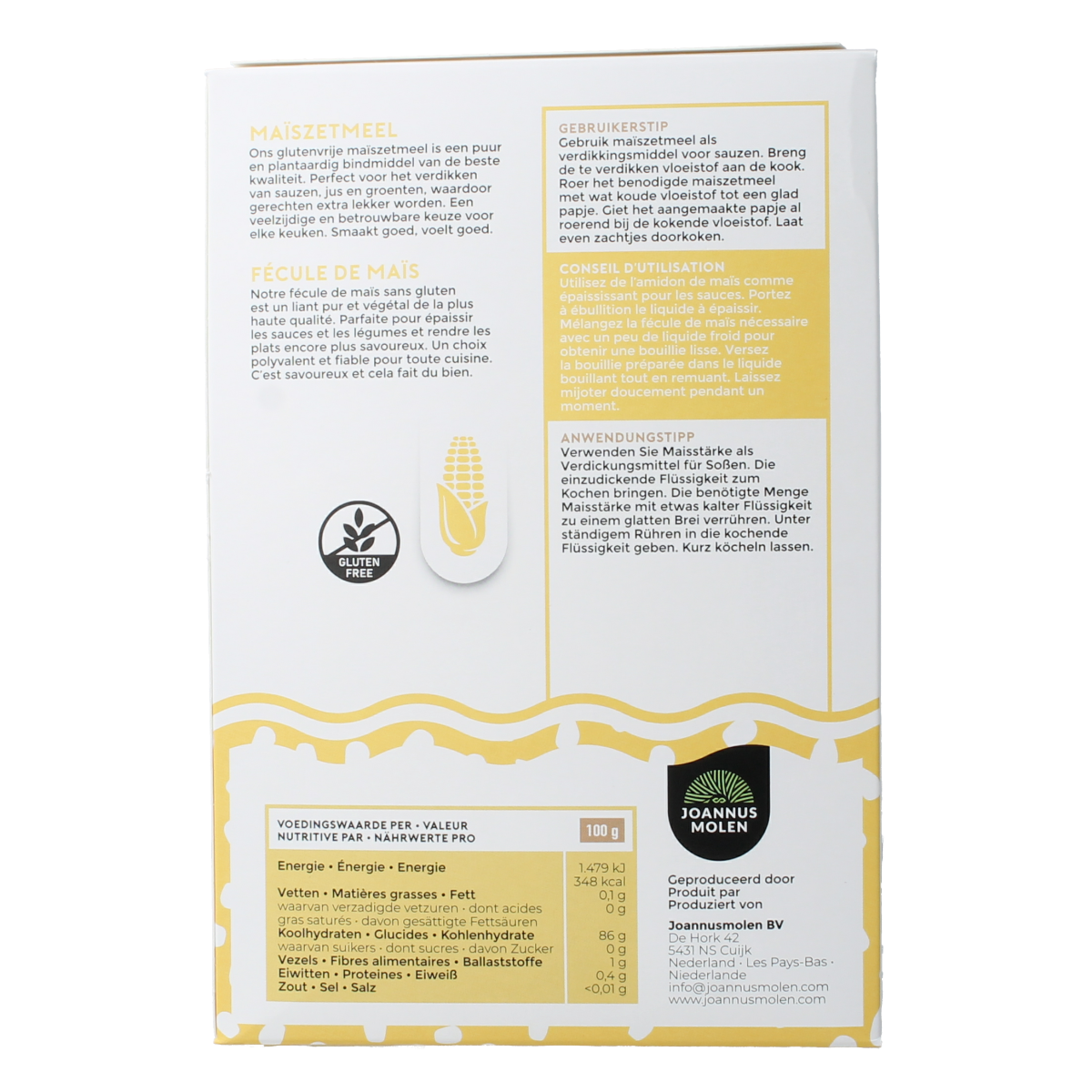 Joannusmolen bio maize flour in a 250g package, first choice baking mix and flour for gluten-free recipes.
