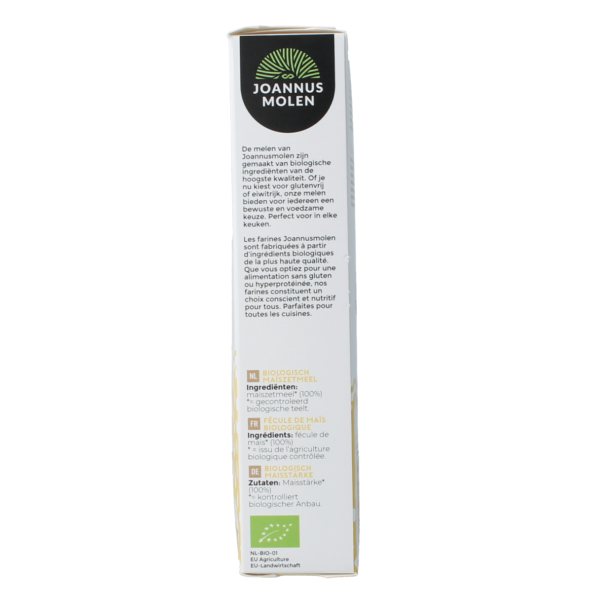 Joannusmolen bio maize flour in 250g package, first choice baking mix and flour product.
