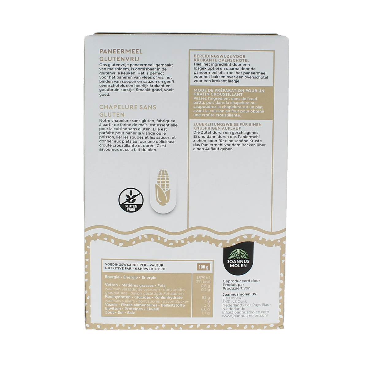 Joannusmolen Paneermeel eerste keuze bio in 300g package, bread crumbs for baking and cooking, natural and organic.