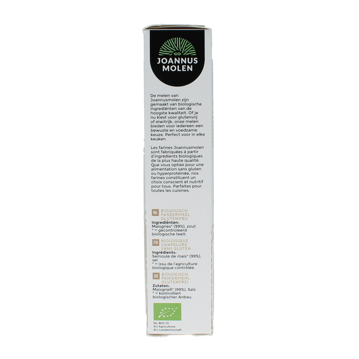 Joannusmolen Paneermeel eerste keuze bio bread crumbs in 300g package, natural golden color, for baking and cooking.