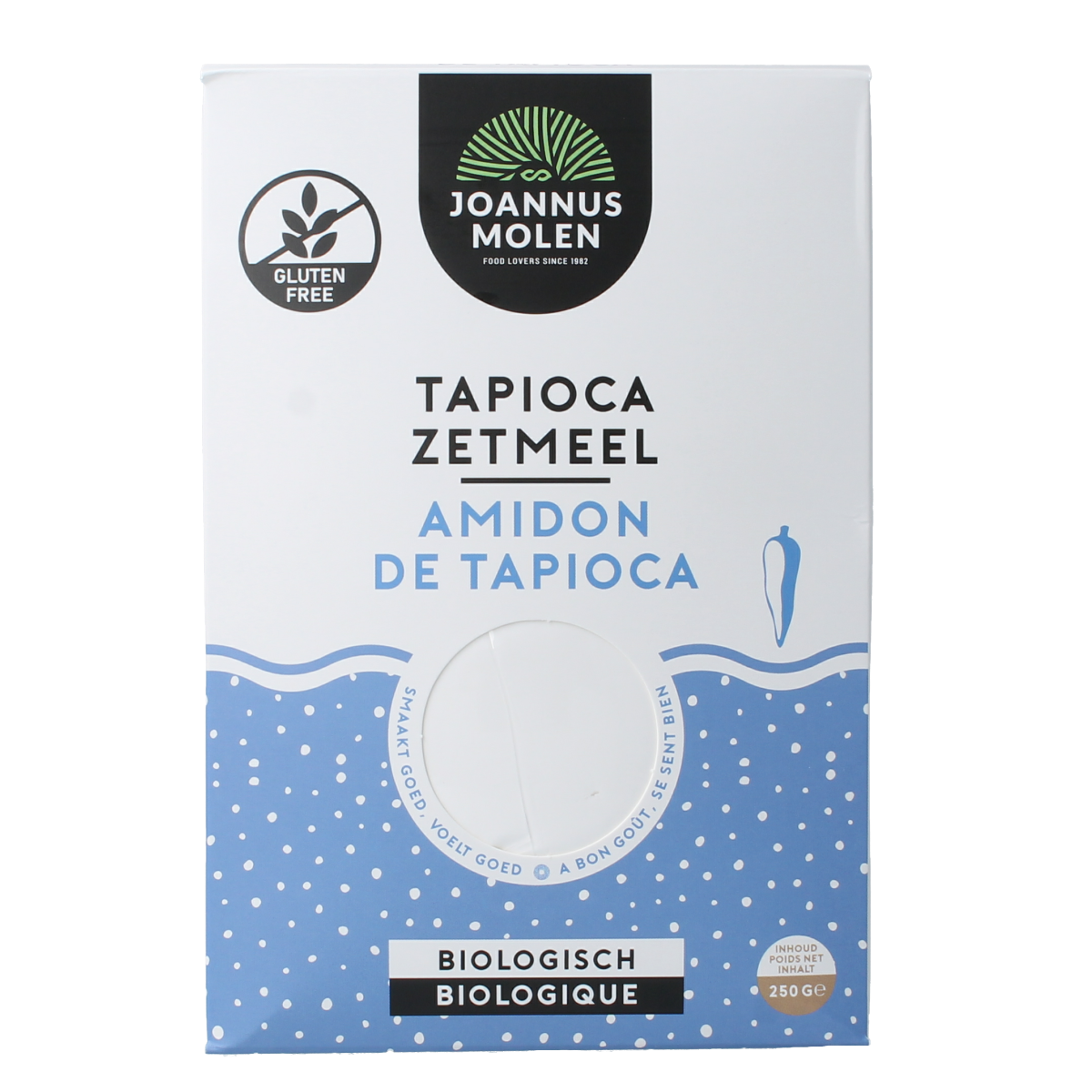 Joannusmolen Tapiocazetmeel eerste keuze bio 250g, organic tapioca starch in a clear bag, suitable for baking and gluten-free recipes.