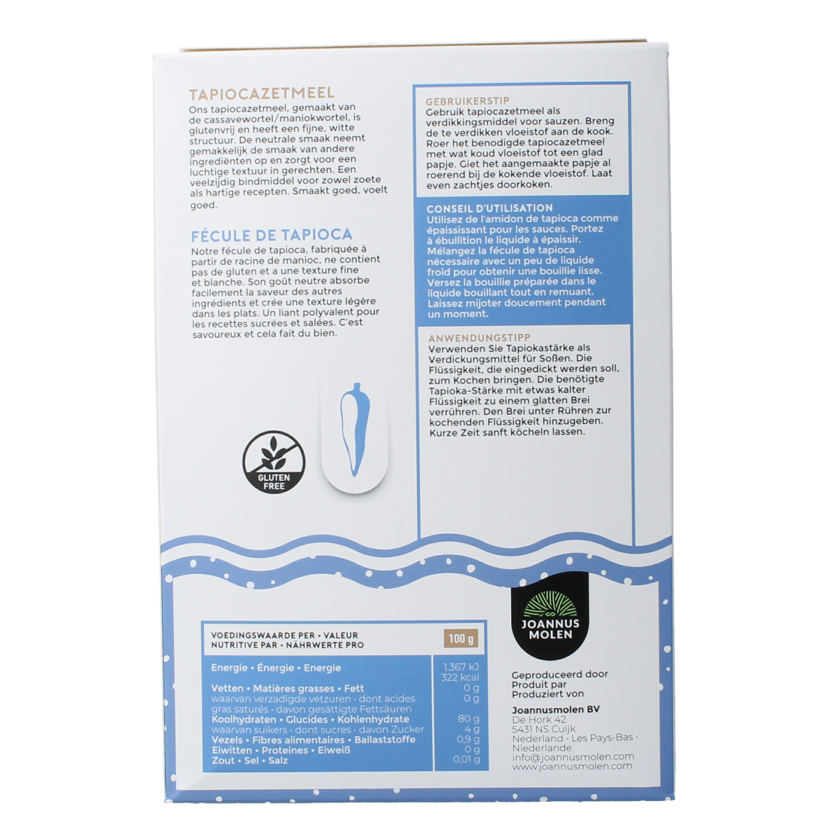 Joannusmolen Tapiocazetmeel eerste keuze bio in 250g package, gluten-free baking ingredient from Joannusmolen.