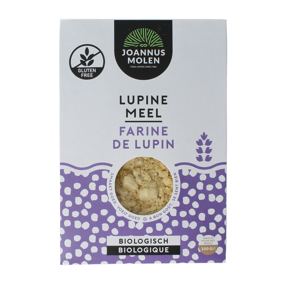 Joannusmolen bio lupinemeel, 200g, natural gluten-free plant-based flour for baking and cooking.