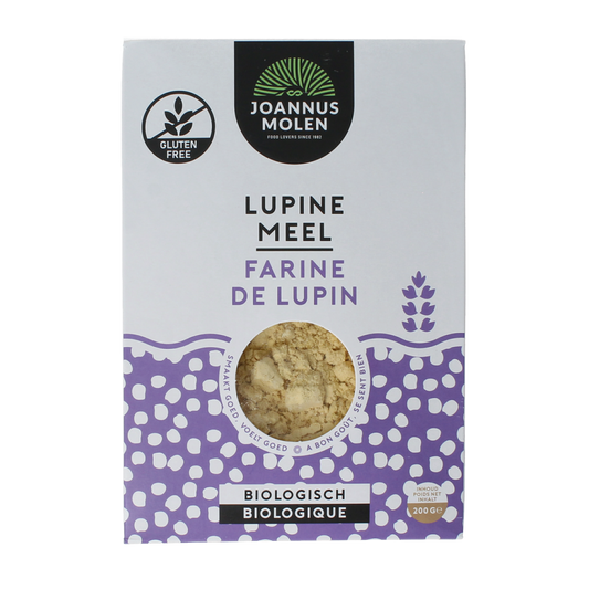 Joannusmolen bio lupinemeel, 200g, natural gluten-free plant-based flour for baking and cooking.