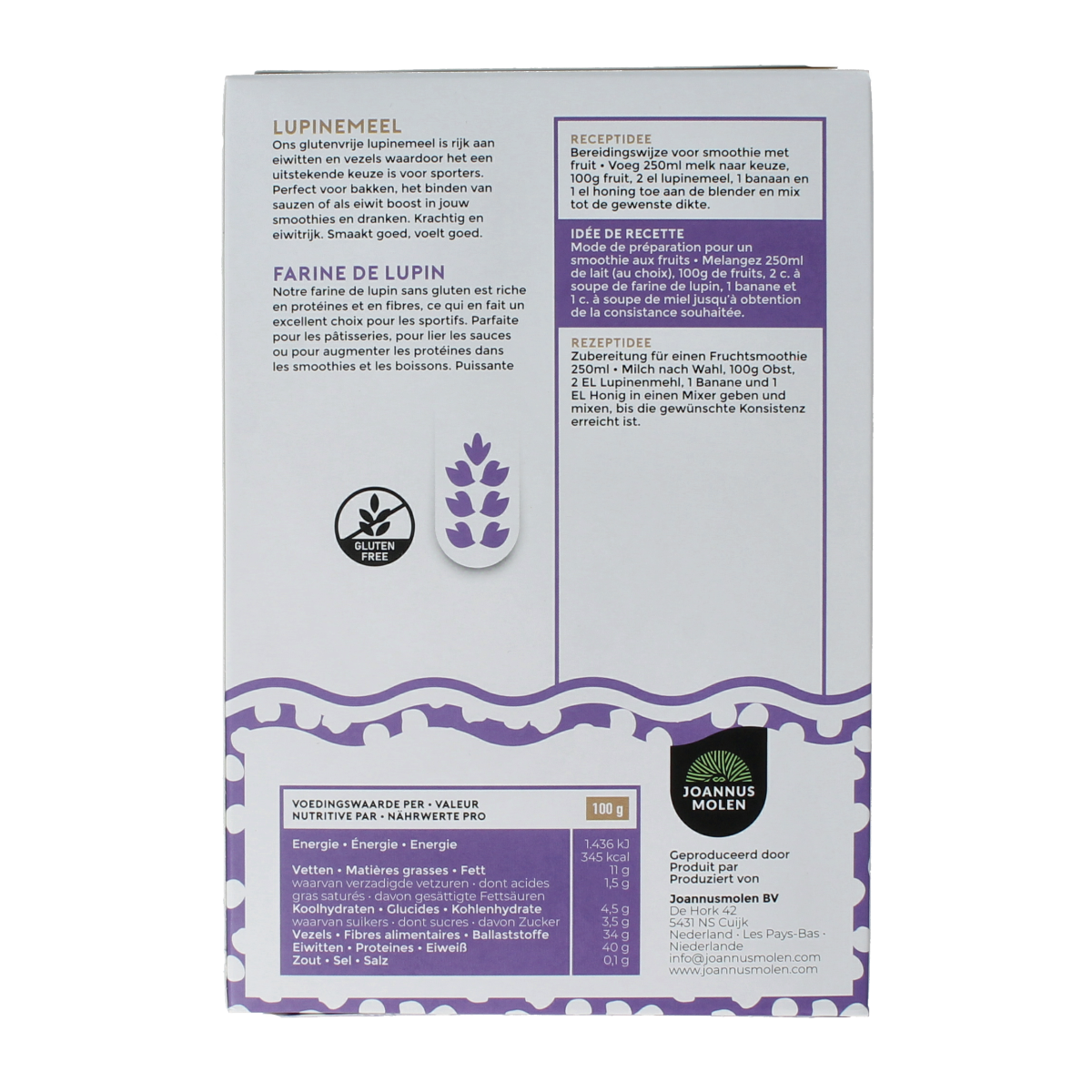 Joannusmolen Lupinemeel bio 200g, organic lupin flour in a clear package, part of bakmixen en melen product line.