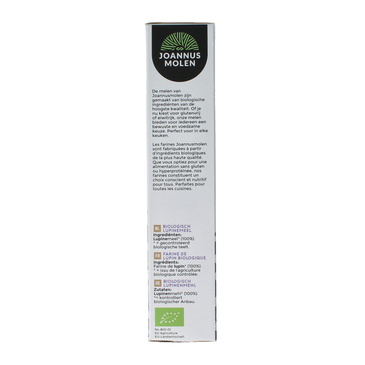 Joannusmolen Lupinemeel bio 200g, organic lupine flour used in baking and gluten-free recipes.