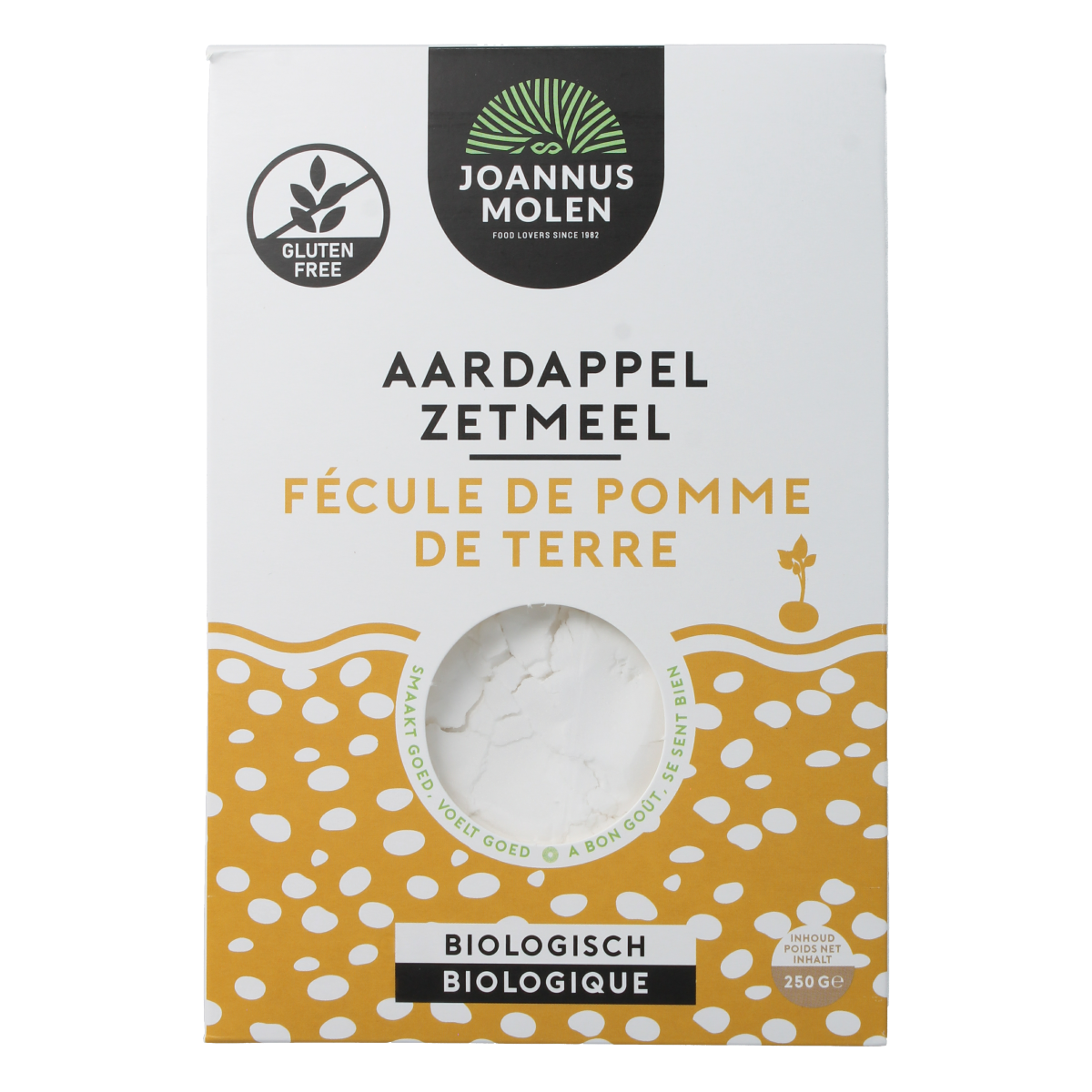 Joannusmolen organic potato starch in 250g package, natural baking mix and flour for cooking and baking.